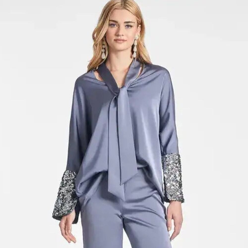 Sachin & Babi Women's Reid Sequin-Cuff Tie-Neck Satin Crepe Top Size Large NWT